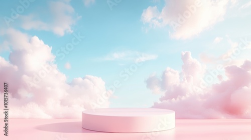 A pink cloud filled sky with a white circular stage in the middle