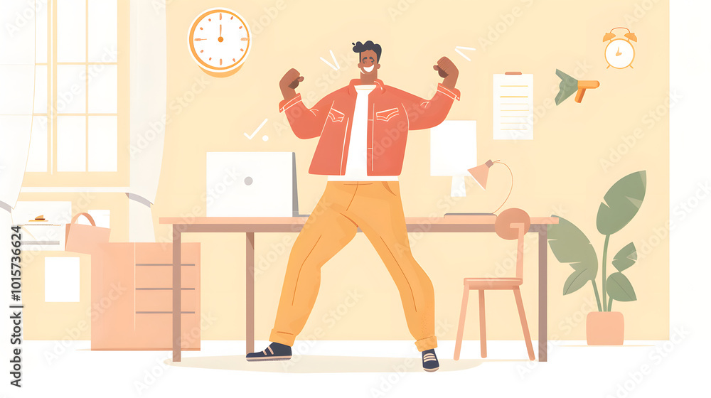 A man in a yellow jacket is standing in front of a desk with a laptop and a potted plant. He is smiling and he is happy A man in a yellow jacket is standing in front of a desk with a laptop and a potted plant. He is smiling and he is happy