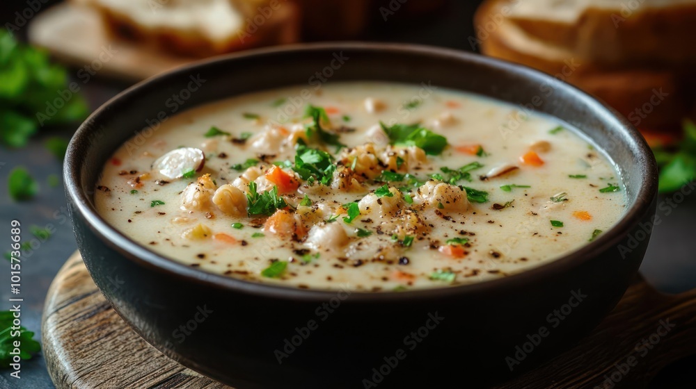 a bowl of soup with bread in the background a bowl of soup with bread in the background