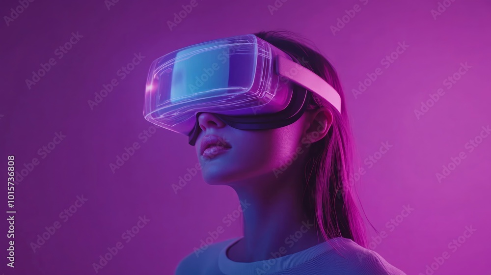 A woman wearing a VR headset looks upwards in a futuristic environment illuminated by neon lights. A woman wearing a VR headset looks upwards in a futuristic environment illuminated by neon lights.