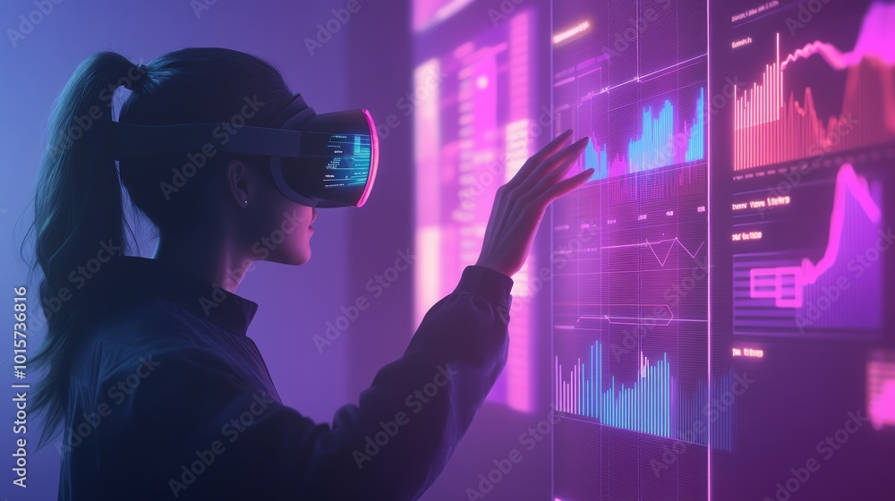 A woman wearing a VR headset interacts with a futuristic holographic interface displaying data and graphs. A woman wearing a VR headset interacts with a futuristic holographic interface displaying data and graphs.