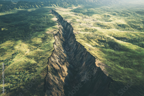 Earthquake fault line. Earthquake. Broken landscape by an earthquake line. photo