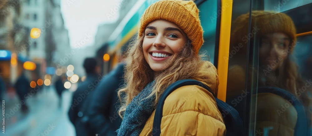 Young woman in a yellow hat and jacket smiling while waiting for the bus. Young woman in a yellow hat and jacket smiling while waiting for the bus.