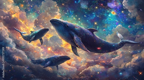 Dreamy Whales Swimming in a Cosmic Landscape