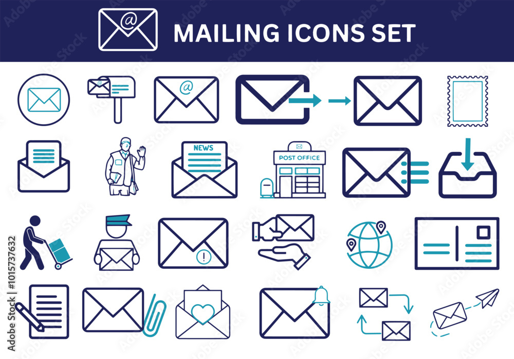 Mailing Icon Set editable. Mail, mailbox, send, receive, stamp, read, inbox, Vector illustration. Mailing Icon Set editable. Mail, mailbox, send, receive, stamp, read, inbox, Vector illustration.