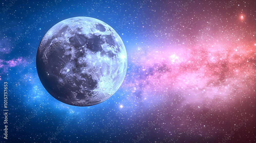 A Cosmic Scene with a Large Moon and a Galaxy in the Background A Cosmic Scene with a Large Moon and a Galaxy in the Background