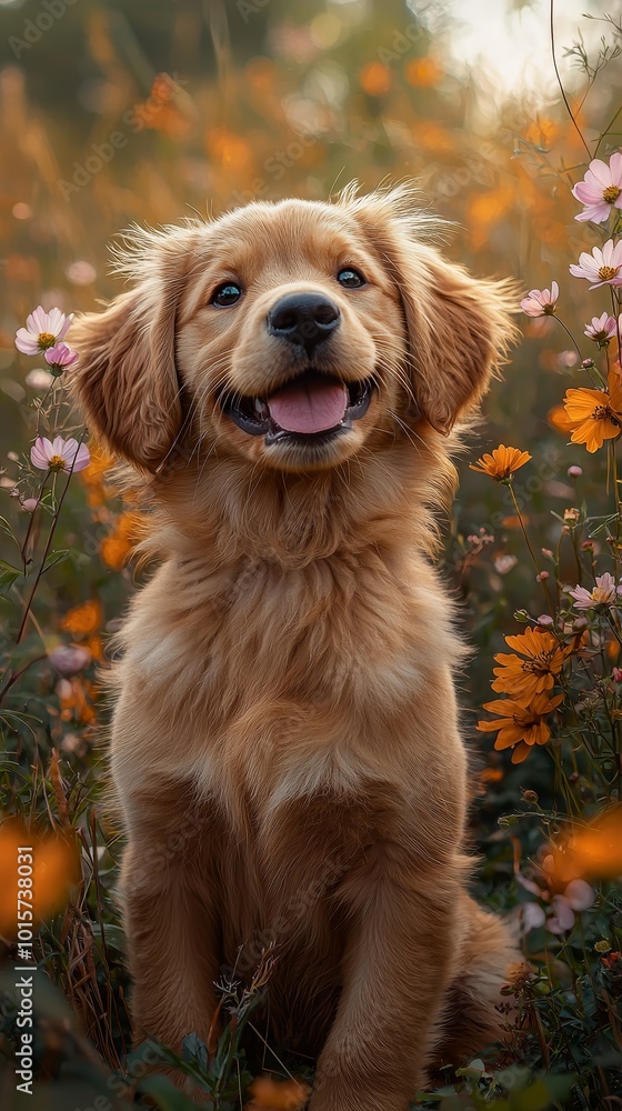 Cute Golden Retriever Puppy in Flower Field Cute Golden Retriever Puppy in Flower Field