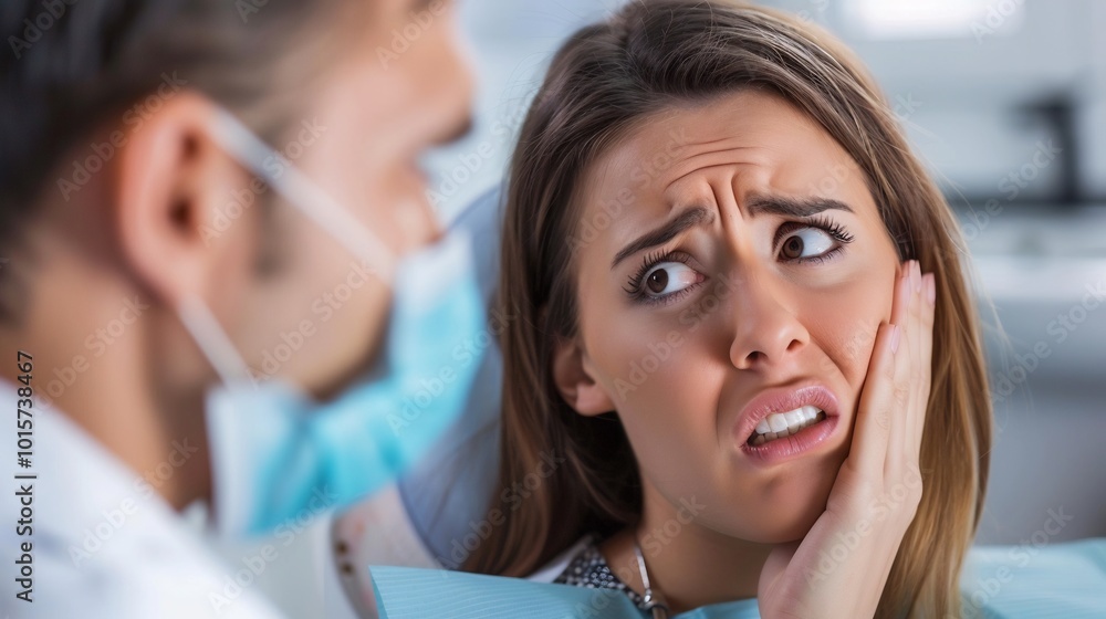 Dentist explaining the benefits of a root canal to a patient with a toothache Dentist explaining the benefits of a root canal to a patient with a toothache