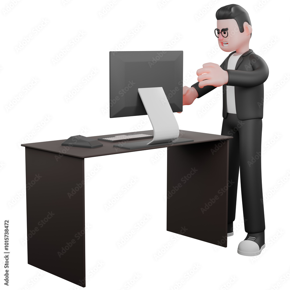 Media Male Editor. A male editor is standing next to his work desk with an angry expression. 3D Professional Character Media Male Editor. A male editor is standing next to his work desk with an angry expression. 3D Professional Character