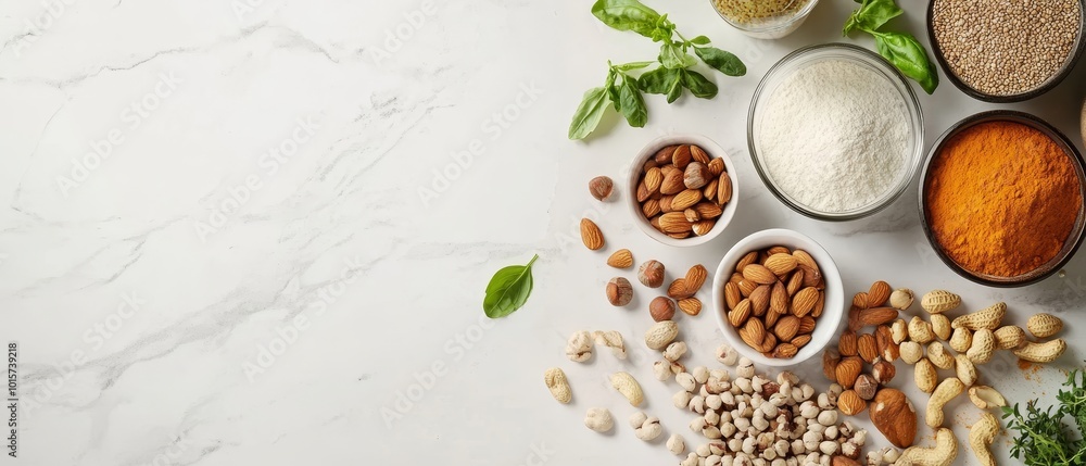 An array of vegan ingredients spread out on a clean kitchen counter, including nuts, seeds, and plant-based products. The image should feature a bright An array of vegan ingredients spread out on a clean kitchen counter, including nuts, seeds, and plant-based products. The image should feature a bright