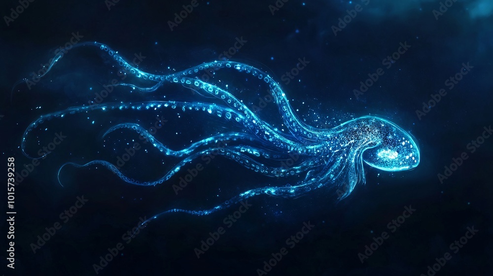 Glowing Squid with Long Tentacles in Deep Sea Glowing Squid with Long Tentacles in Deep Sea