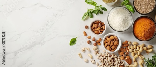 An array of vegan ingredients spread out on a clean kitchen counter, including nuts, seeds, and plant-based products. The image should feature a bright