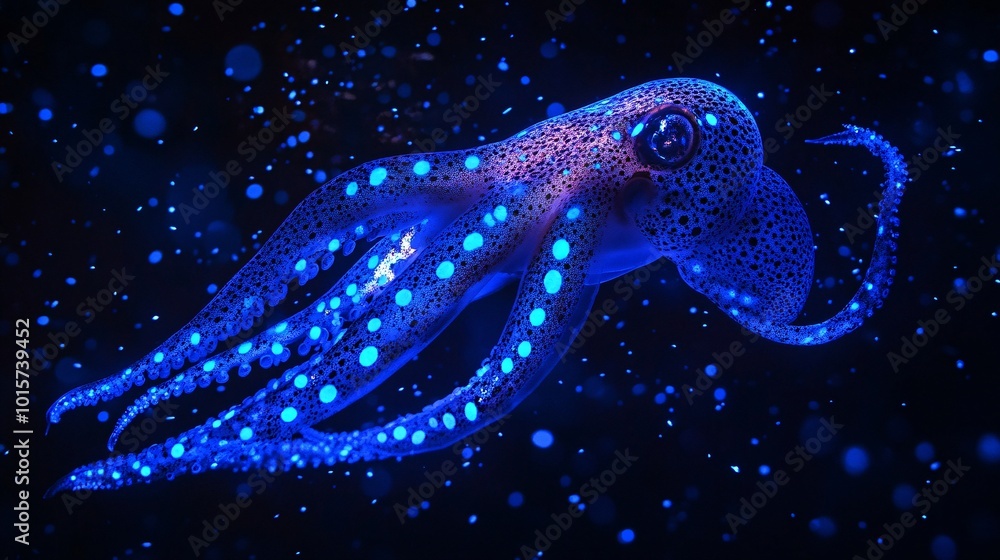Naklejka premium Deep Sea Squid with Glowing Blue Spots on Tentacles