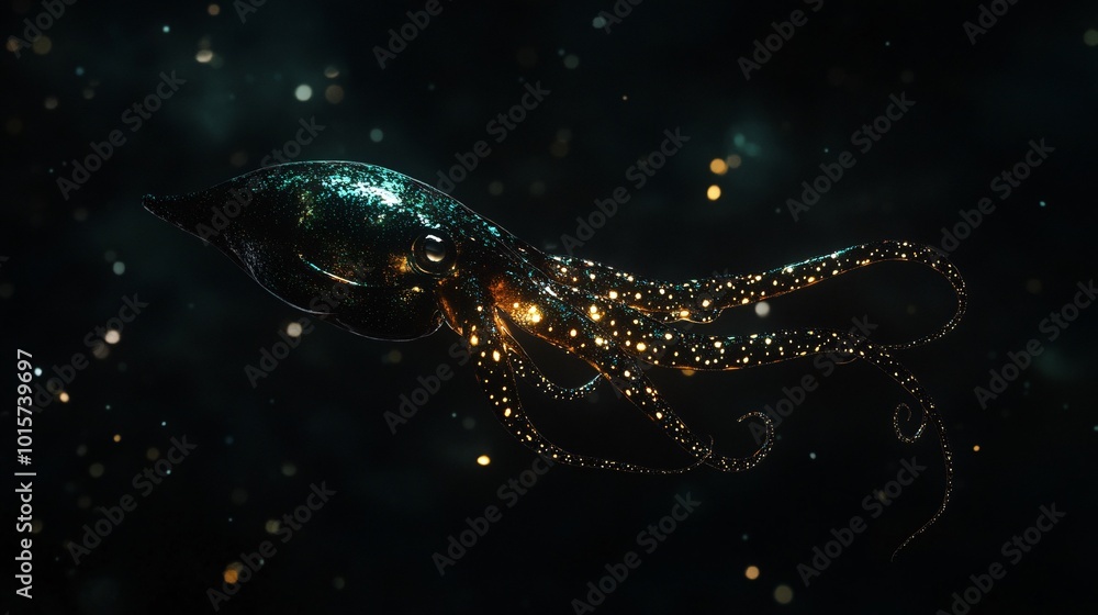 Glowing Bioluminescent Squid in Deep Sea Habitat Glowing Bioluminescent Squid in Deep Sea Habitat