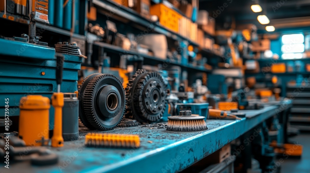 A workbench in a workshop with tools and machinery. A workbench in a workshop with tools and machinery.