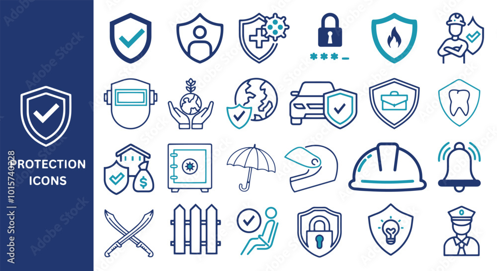 Protection Icon Set. Shield, lock, security, alarm, safe umbrella, helmet, fence, airbag, guard, vector icons. Protection Icon Set. Shield, lock, security, alarm, safe umbrella, helmet, fence, airbag, guard, vector icons.
