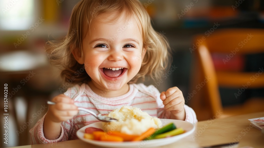 A small child with chubby cheeks beams with happiness while holding a spoonful of mashed potatoes, surrounded by colorful vegetables on her plate A small child with chubby cheeks beams with happiness while holding a spoonful of mashed potatoes, surrounded by colorful vegetables on her plate
