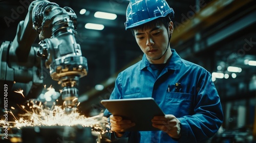 A worker in a factory setting using a tablet to monitor an automated robotic arm performing a task. photo