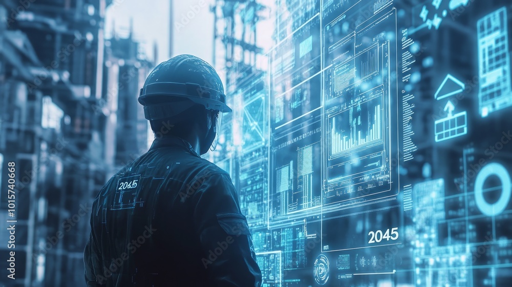 A worker in a hard hat stands in front of a digital screen displaying data and information. A worker in a hard hat stands in front of a digital screen displaying data and information.