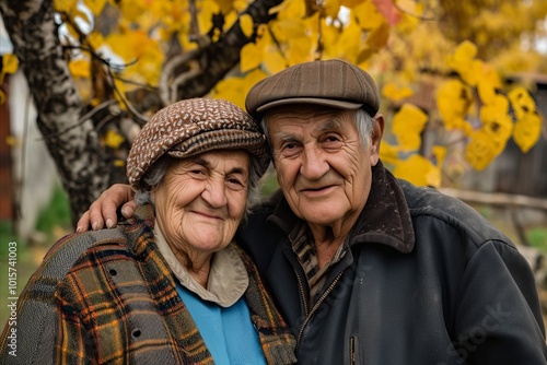 Portrait of an elderly couple on a walk in the autumn park