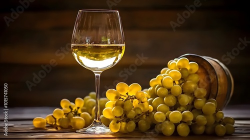 Wine Marketing Concept: White Wine Glass with Grapes on Wooden Table