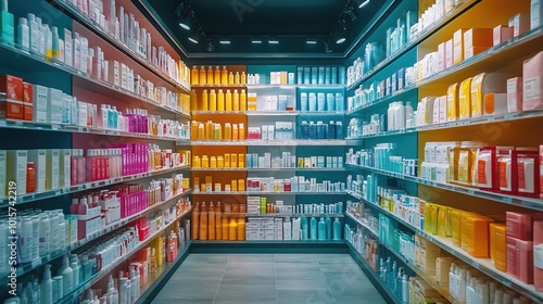 Colorful Pharmacy Shelves Displaying Wide Range of Medicines