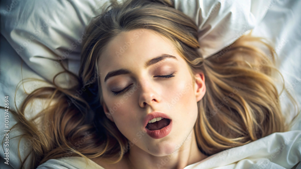 portrait of a young woman have orgasm, feeling pleasure first time in bed room