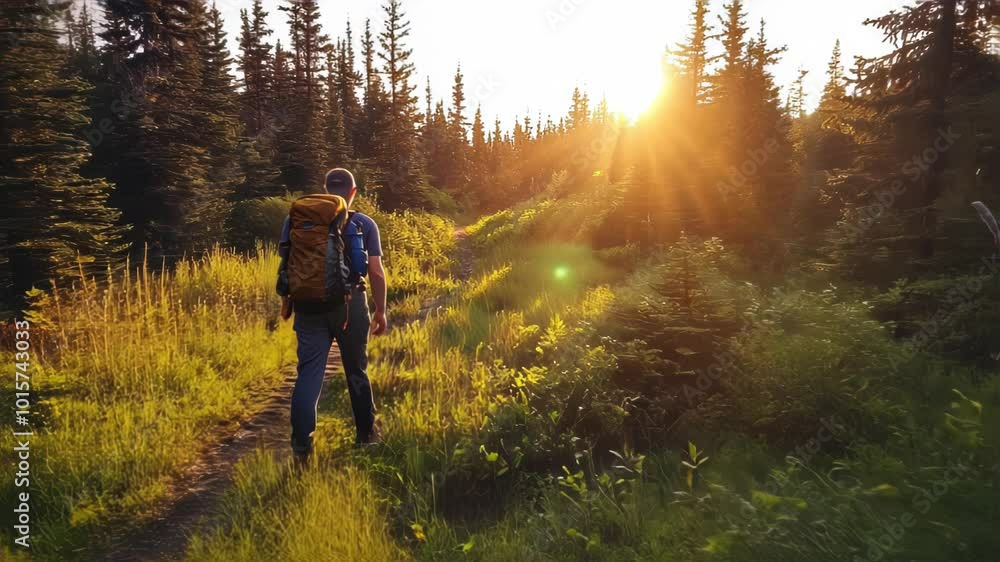 A hiker walks along a sunlit trail surrounded by lush greenery and tall trees. A hiker walks along a sunlit trail surrounded by lush greenery and tall trees.