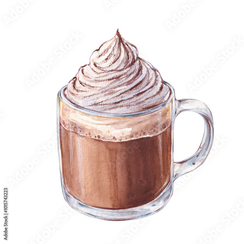 Watercolor mug of cocoa with whipped cream. Hot chocolate illustration