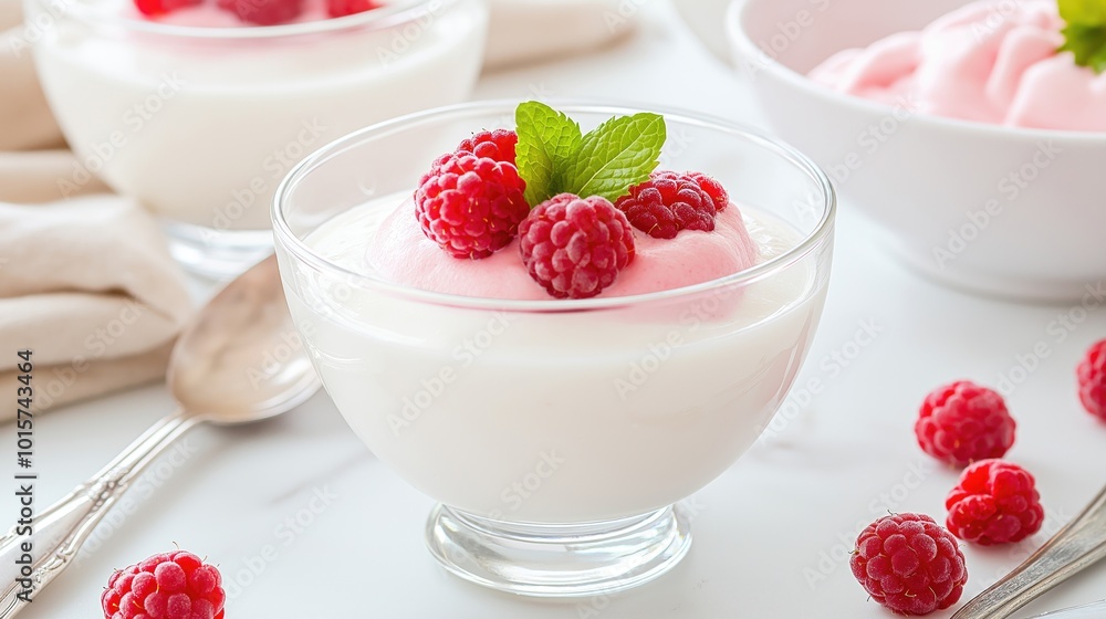 Fresh Raspberry Yogurt in Glass Bowls on White Background Fresh Raspberry Yogurt in Glass Bowls on White Background