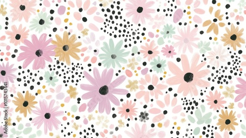 Cheerful Pastel Floral Pattern with Dots and Blooms for Spring Design photo