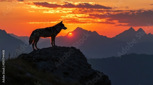 A lone wolf standing on a rocky outcrop at dawn, watching the sunrise over the mountains.