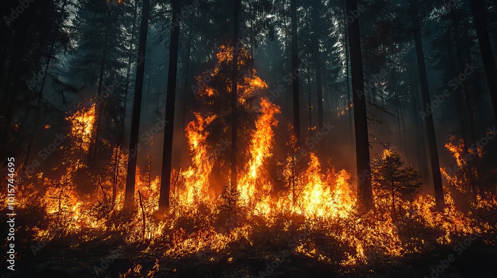 A forest fire blazes through trees, symbolizing the environmental destruction caused by wildfires. A forest fire blazes through trees, symbolizing the environmental destruction caused by wildfires.