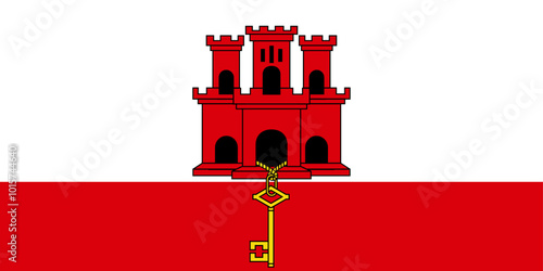 National Flag of Gibraltar, British Overseas Territory, White with a red stripe at the bottom with a three-towered, two-tiered red castle in the white section, the middle tower hangs a gold key