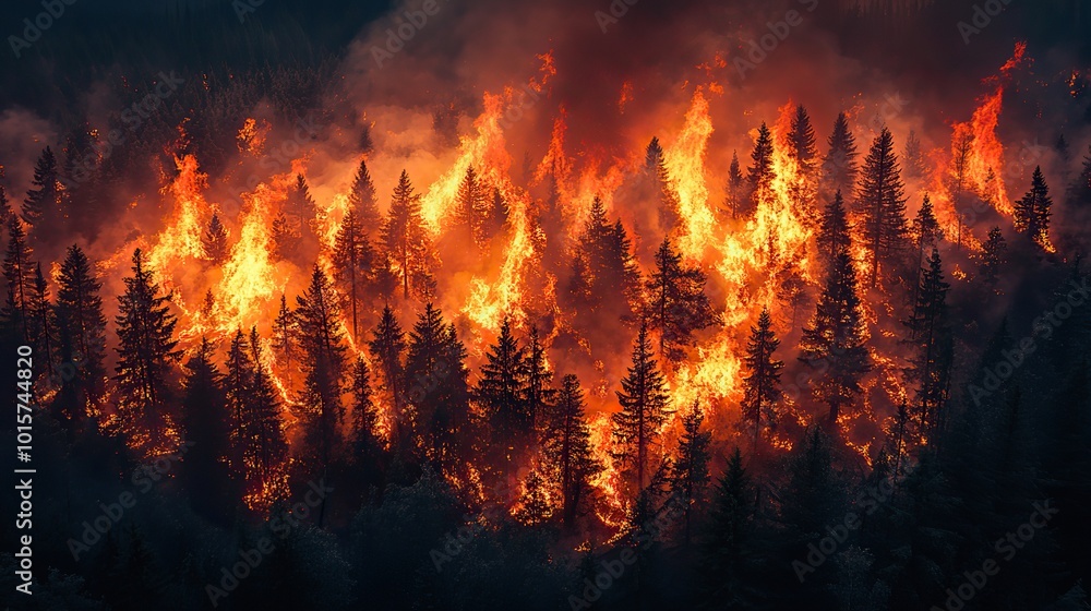 A forest fire rages below, smoke billowing as the flames spread across the landscape, devastating the ecosystem. A forest fire rages below, smoke billowing as the flames spread across the landscape, devastating the ecosystem.