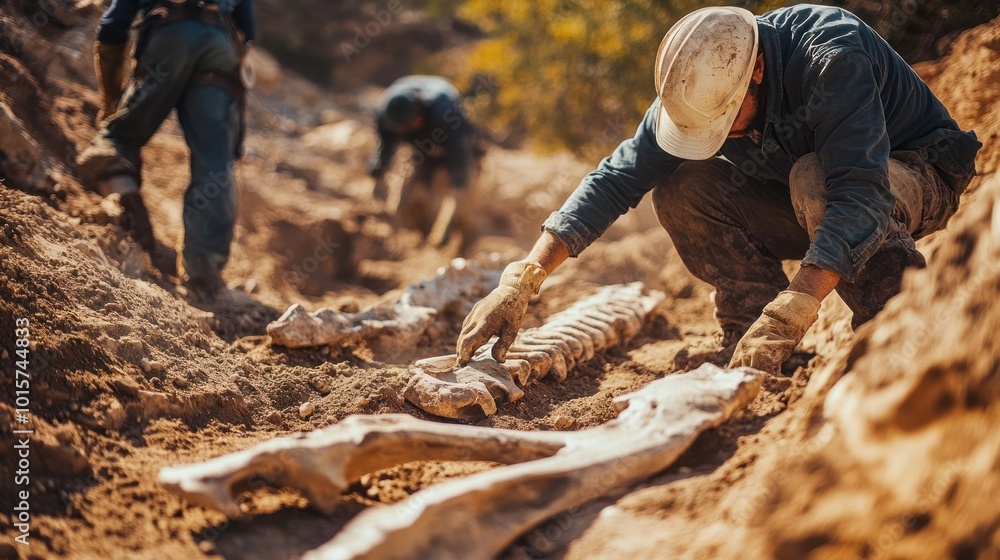 Dinosaur fossil excavation in progress, with paleontologists carefully unearthing prehistoric bones from rocks and dirt Dinosaur fossil excavation in progress, with paleontologists carefully unearthing prehistoric bones from rocks and dirt