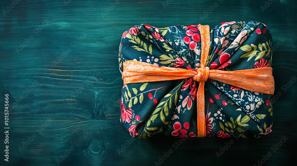 Christmas gift wrapped in floral fabric, resting on wooden surface Christmas gift wrapped in floral fabric, resting on wooden surface