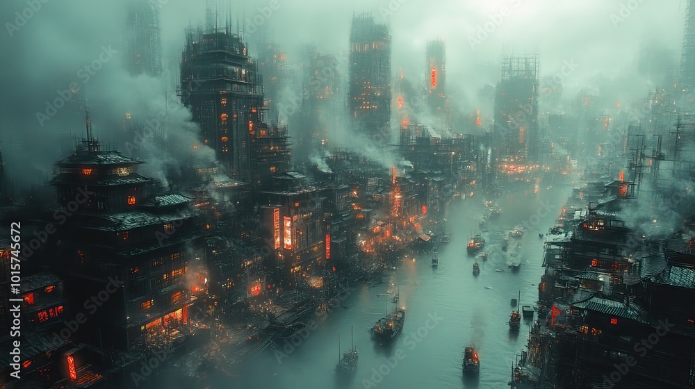 A futuristic city is destroyed by pollution, portraying a dystopian world where environmental negligence leads to ruin. A futuristic city is destroyed by pollution, portraying a dystopian world where environmental negligence leads to ruin.