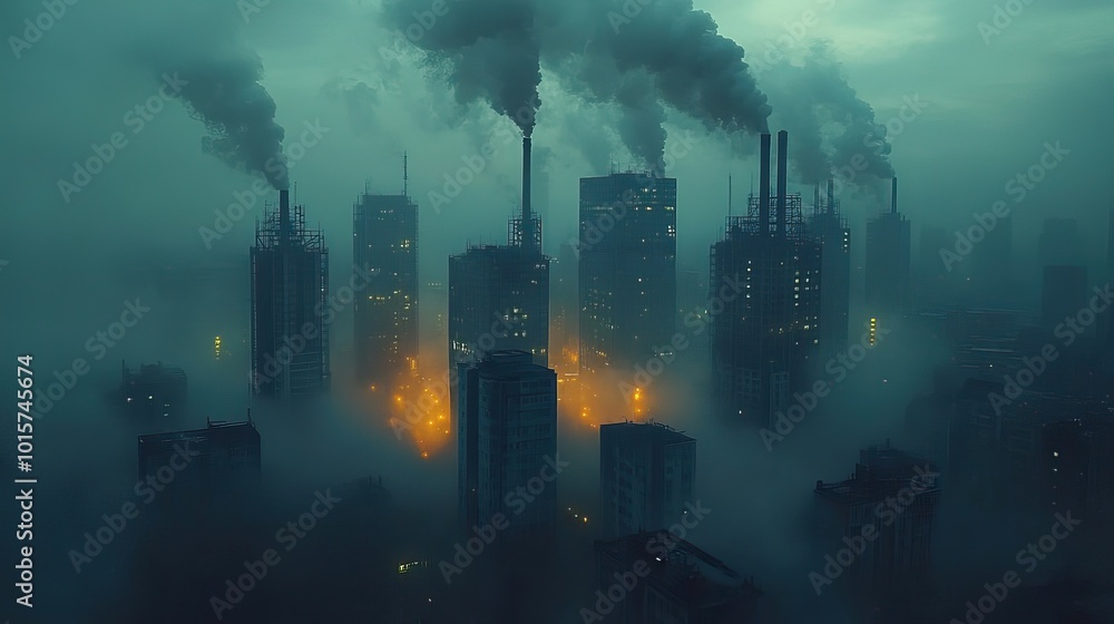 Fototapeta premium A futuristic city is destroyed by pollution, portraying a dystopian world where environmental negligence leads to ruin.