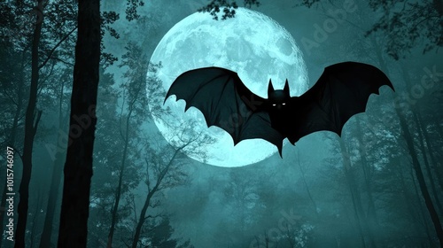 A mysterious bat flying under a full moon in a dark, enchanting forest, perfect for spooky or Halloween-themed designs. photo