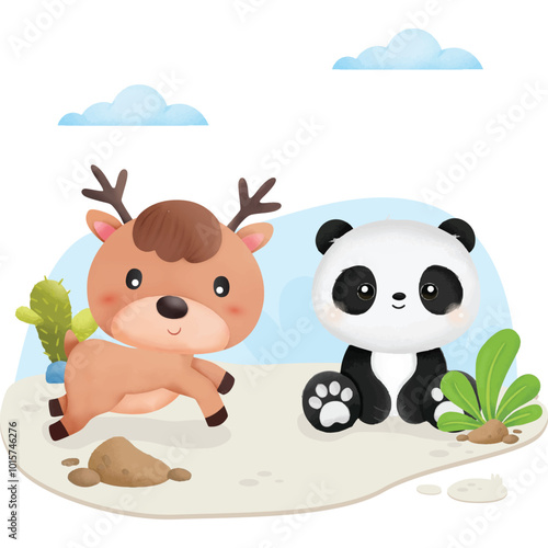 Best Friend Cute Animal Forest Panda and Deer