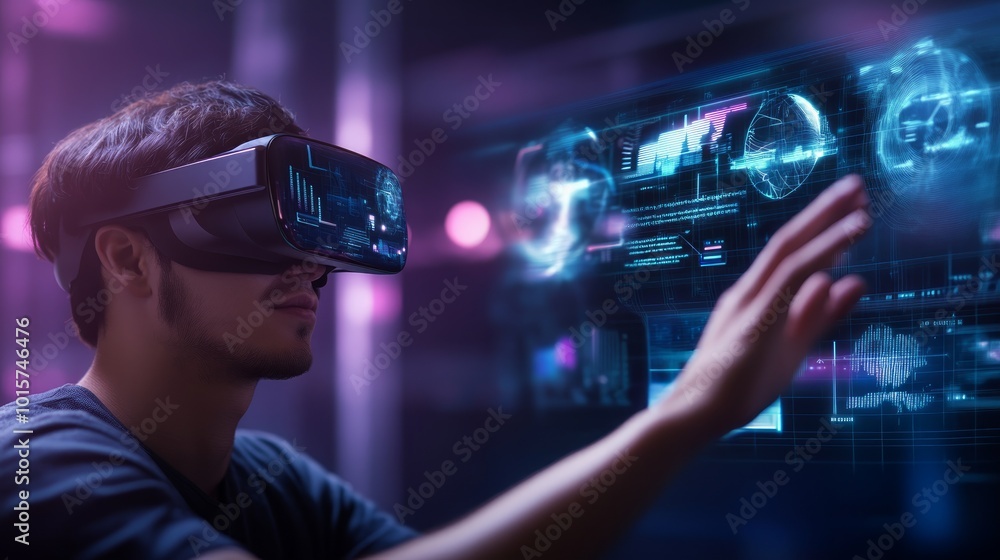A young man wearing VR headset interacts with a virtual interface in a futuristic setting. A young man wearing VR headset interacts with a virtual interface in a futuristic setting.