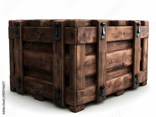 A rustic wooden crate with metal accents, perfect for storage or display on a white isolated background. photo