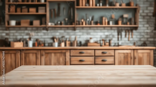 Illustrate a dynamic tilted view of a vintage workshop interior Showcase a cluttered but charming space with antique tools and wooden cabinets Use soft