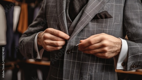 Businessman adjusting his suit jacket in a men's clothing store