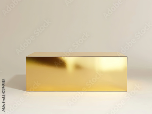 Obraz na płótnie Large shiny gold box, positioned diagonally on white, reflective surface with soft light. w salonie