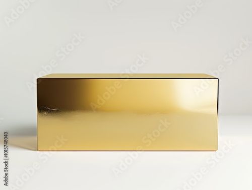 Luxurious gold box, metallic finish, diagonally placed on white, capturing soft reflections.