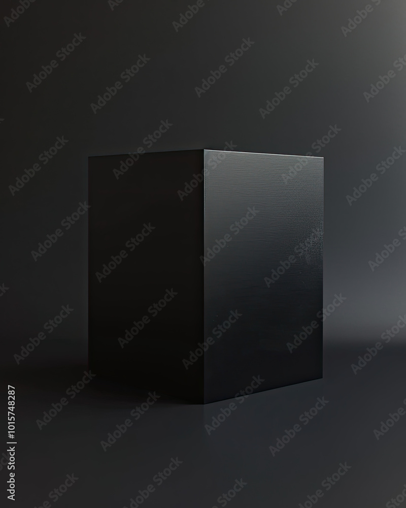 Large matte black box, centered on black background, with subtle texture and soft spotlight.