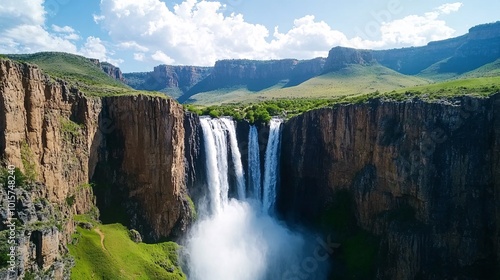 Aerial View of Massive Waterfall Cascading Down Cliffs
