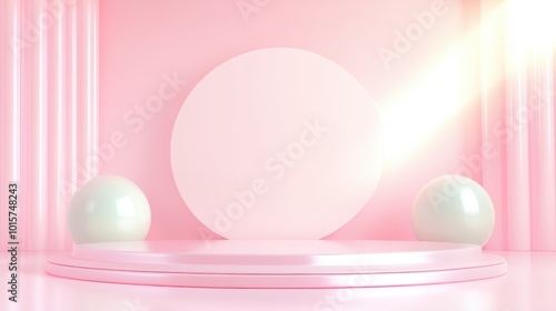 A pink room with a white circle on the floor and two white balls on the floor